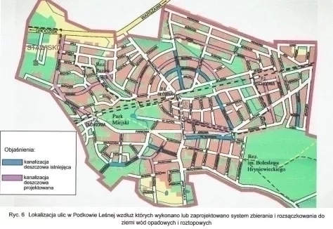 Lokalizacja ulic w Podkowie Leśnej wzdłuż których wykonano lub zaprojektowano system zbierania i rozsączkowania ziemi wód odpadowych i roztopowych.